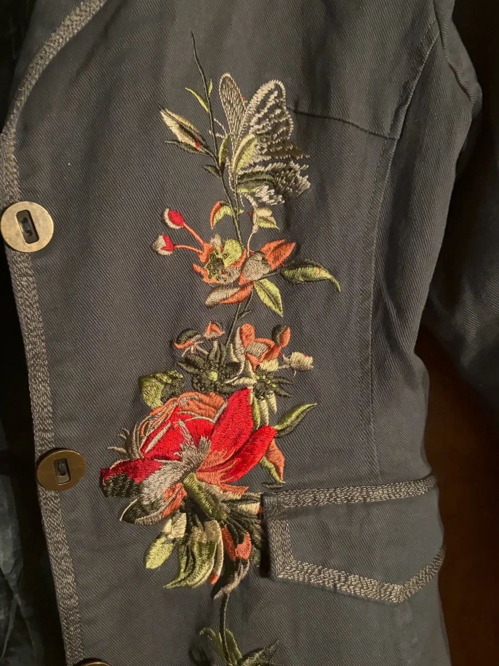 Paparazzi by Biz. Stunning Embroidered Artwear Coat Size L Floral Butterfly - Picture 2 of 5